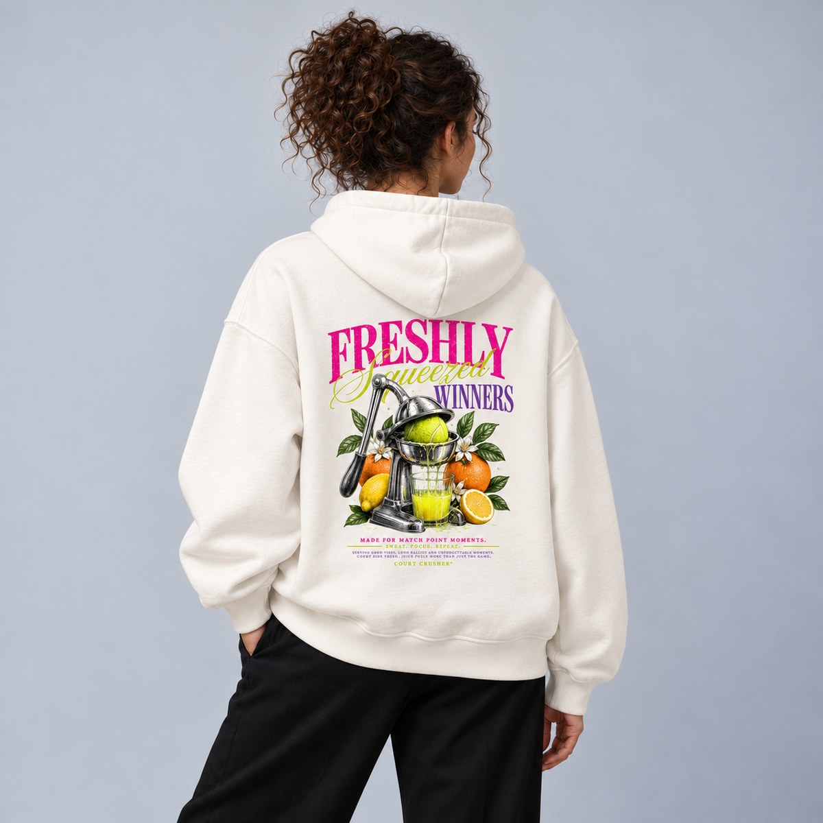 Freshly squeezed Winners Oversized Hoodie Natural Raw On-Body-Mockup Rückenansicht