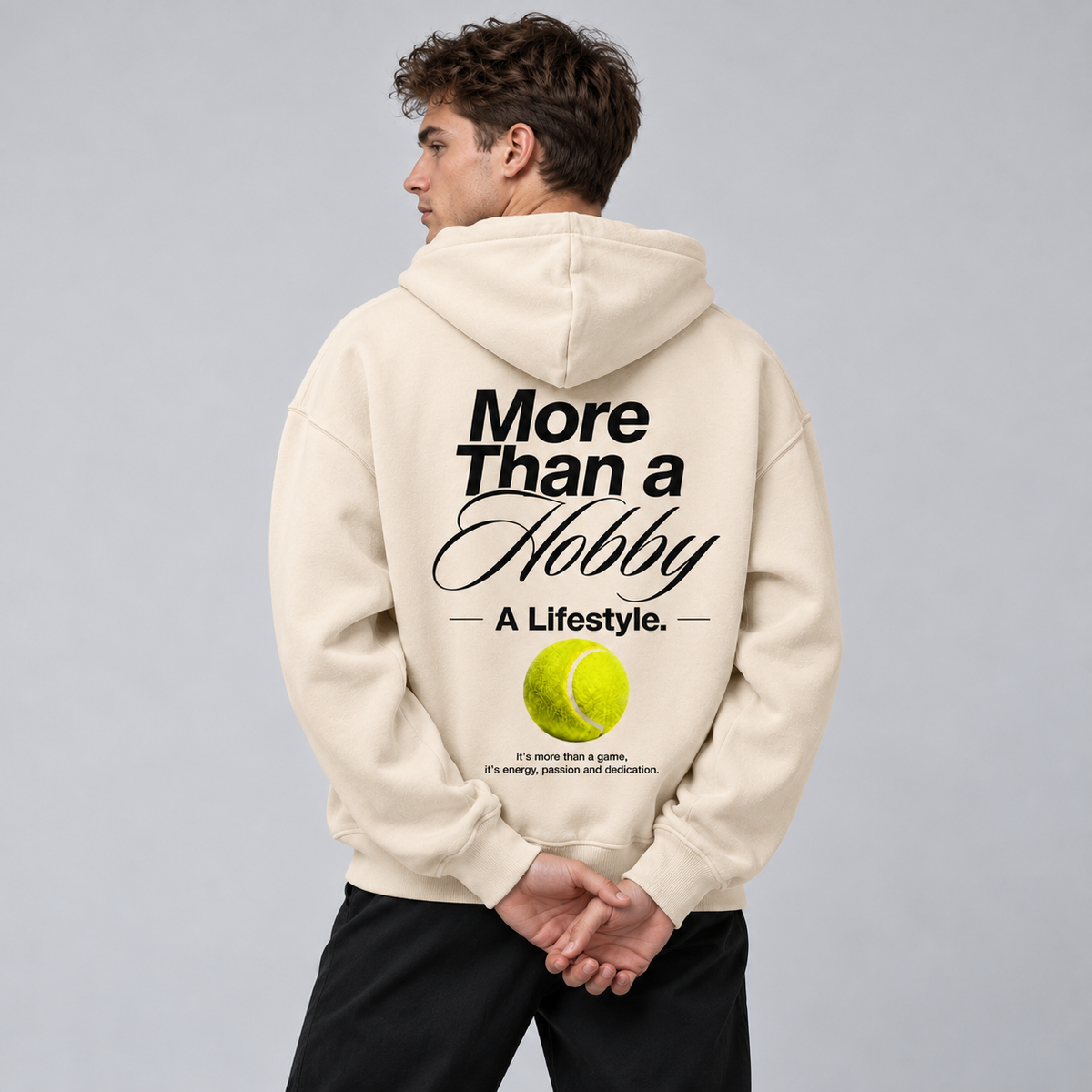 More than a Hobby - Oversized Hoodie – On-Body-Mockup, männliches Model