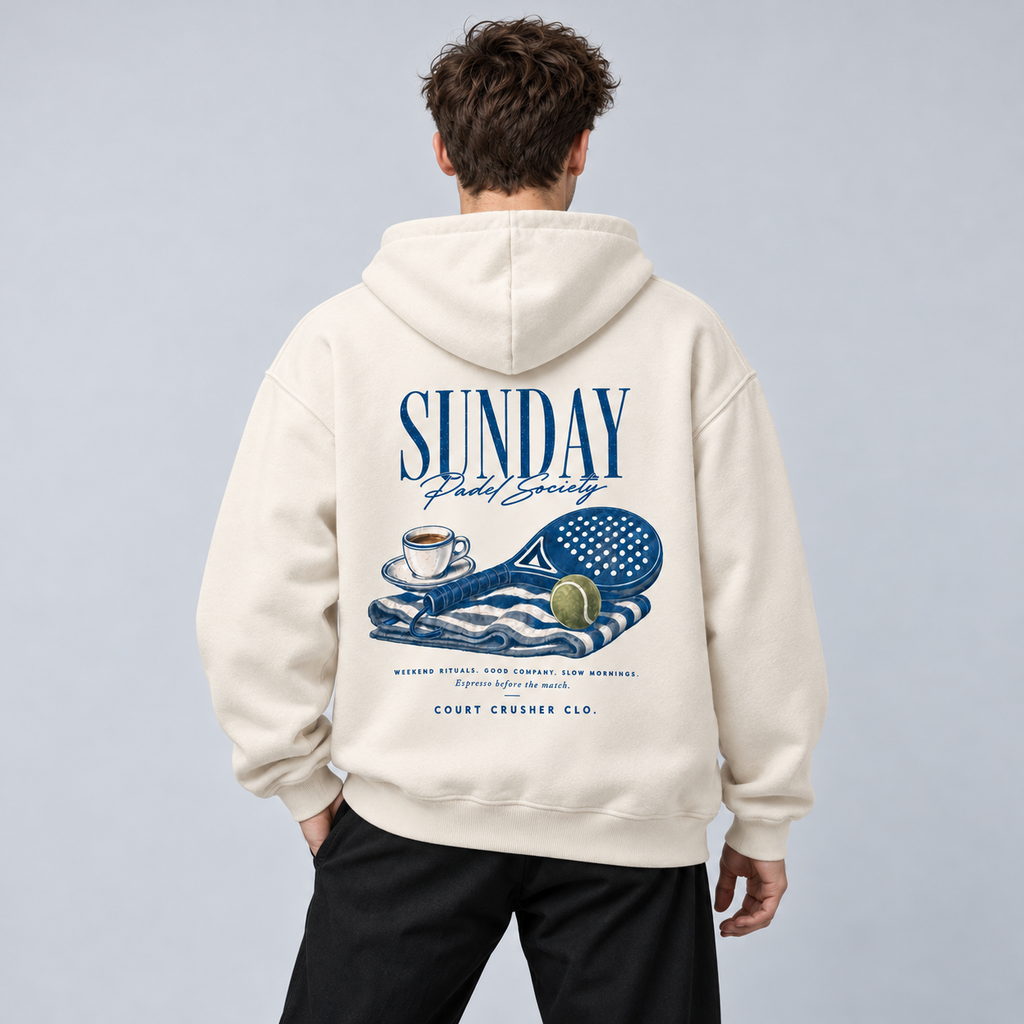 Sunday Padel Society - Oversized Hoodie – On-Body-Mockup, männliches Model