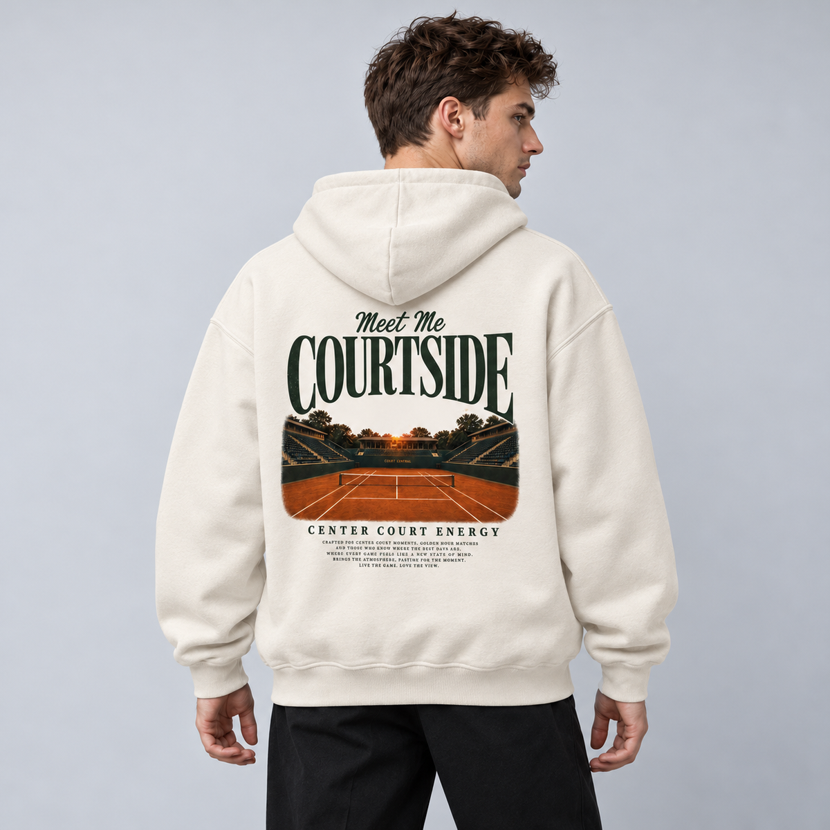 Meet Me Courtside - Oversized Hoodie – On-Body-Mockup, männliches Model