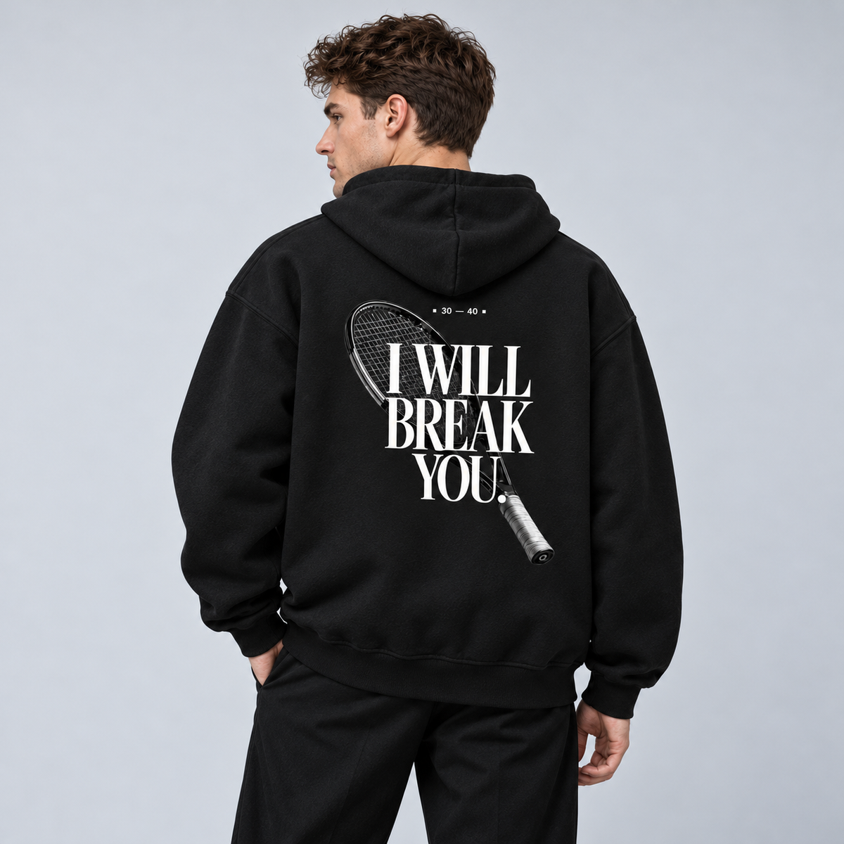 I will break you - Oversized Hoodie – On-Body-Mockup, männliches Model