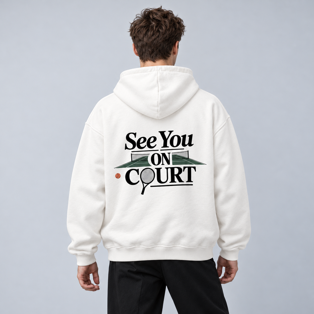 See you on Court - Oversized Hoodie – On-Body-Mockup, männliches Model