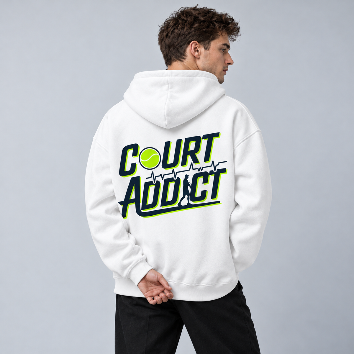 Court Addict - Oversized Hoodie – On-Body-Mockup, male Model