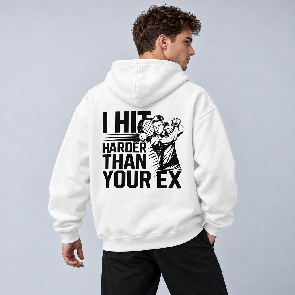 I hit harder than Ex - Oversized Hoodie – On-Body-Mockup, männliches Model