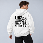 I hit harder than Ex - Oversized Hoodie – On-Body-Mockup, männliches Model