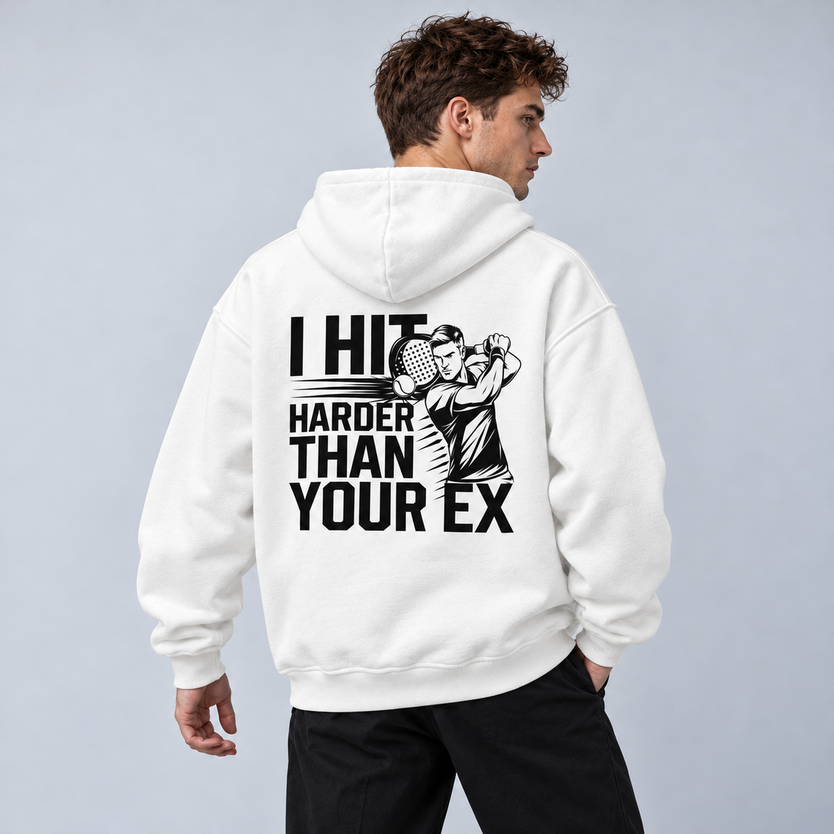I hit harder than Ex - Oversized Hoodie – On-Body-Mockup, männliches Model