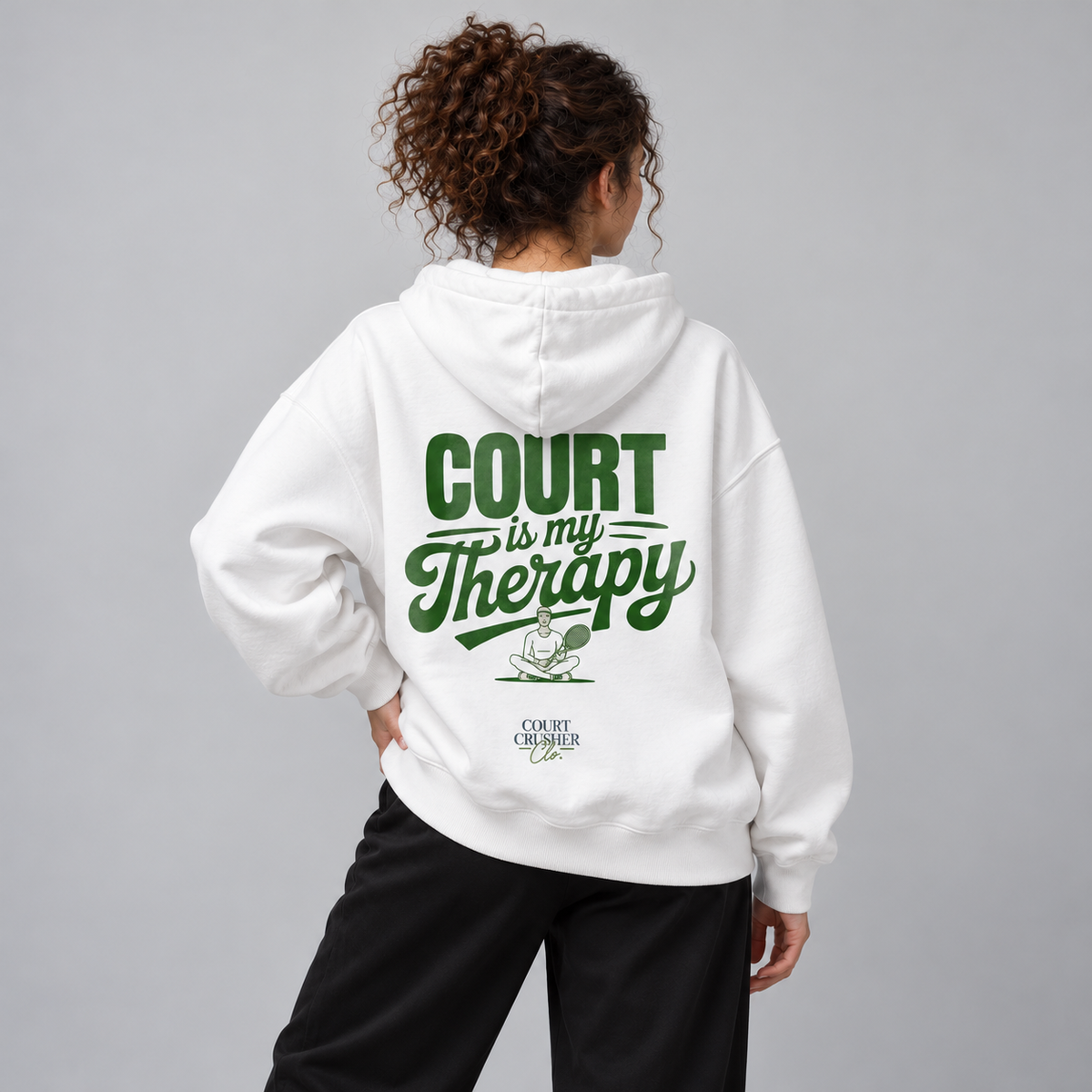 Court is my Therapy - Oversized Hoodie – On-Body-Mockup, female Model