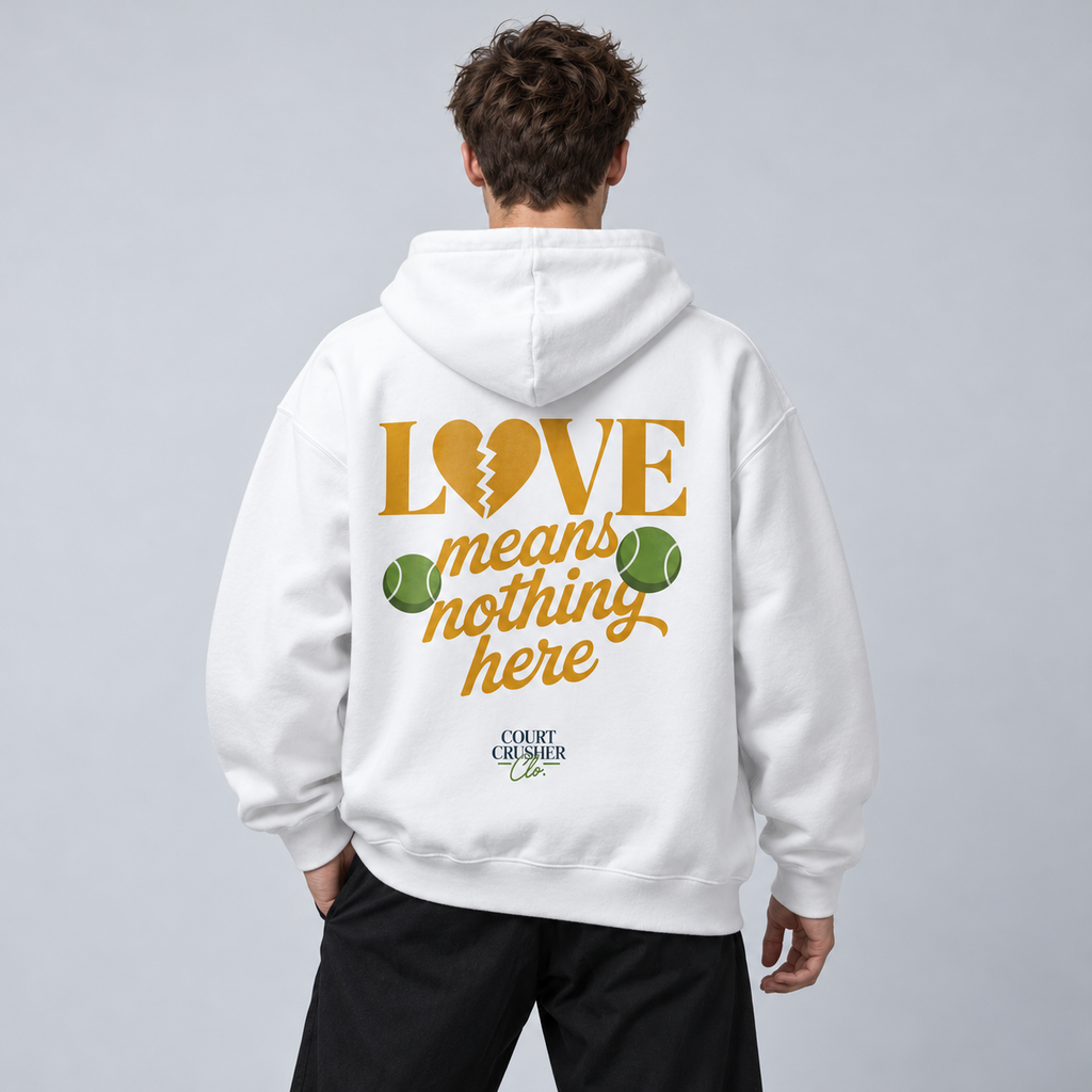 Love means nothing here - Oversized Hoodie – On-Body-Mockup, männliches Model